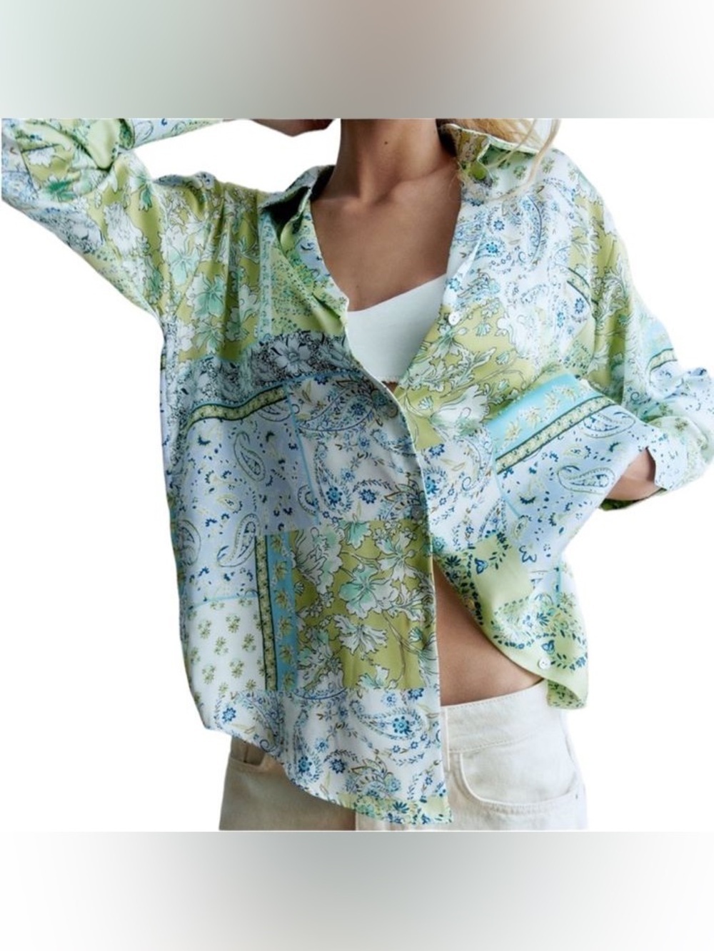 Zara Green Blue Paisley Satin Blouse Shirt (Size M)